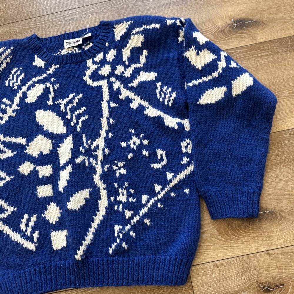 Vintage Country Suburbans Sweater Womens M Blue Acrylic Hand Knit Retro 80s 90s - Picture 7 of 8
